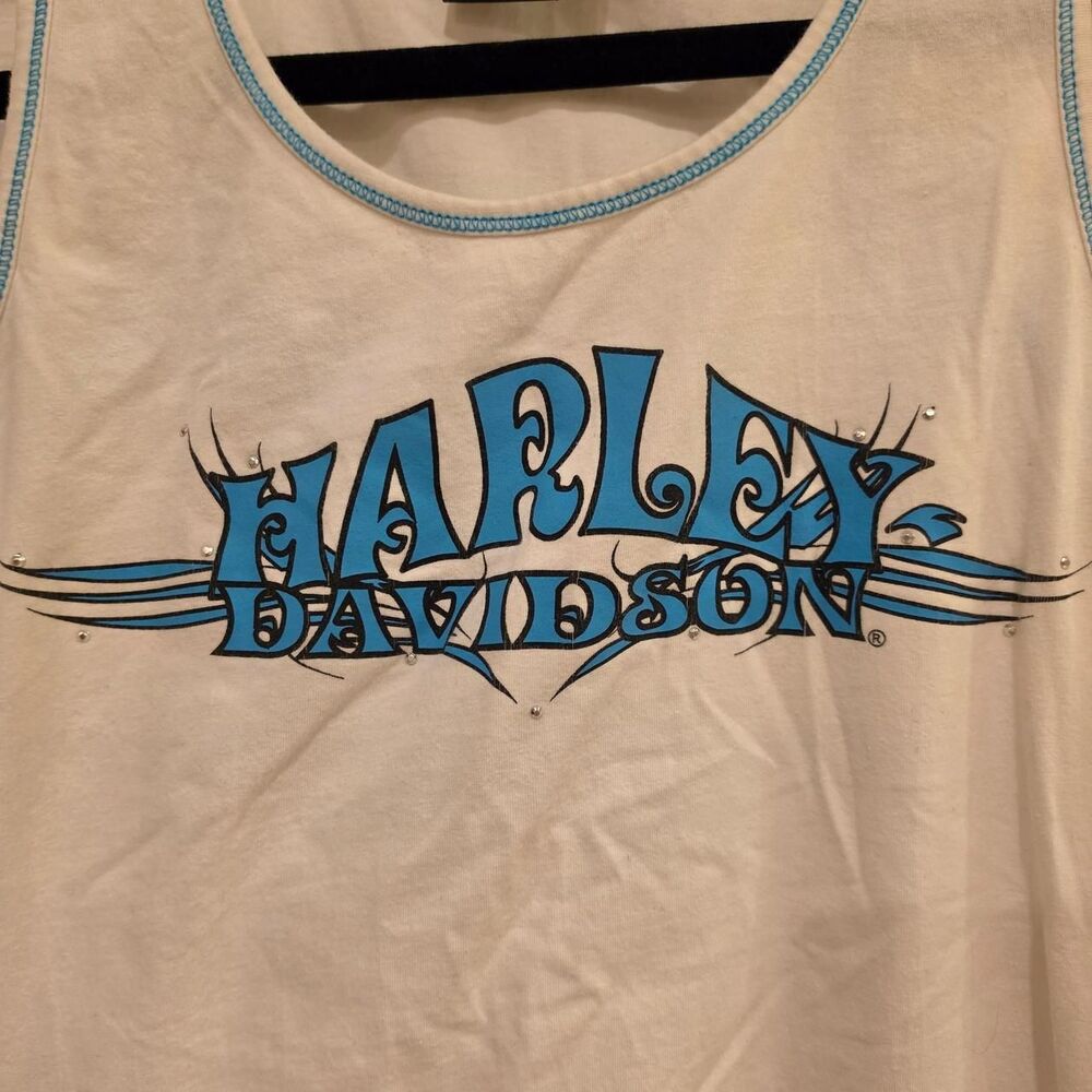 Harley Davidson Women's White and Blue Y2K Rhinestone Tank